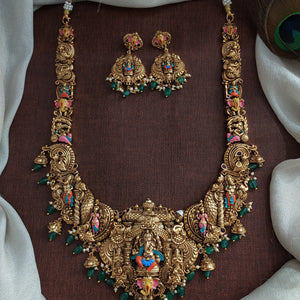 Antique Nakshi Work ‘U’ Type Wide Long Haram Set with Hand-Painted Enamel & Ganesha Motif