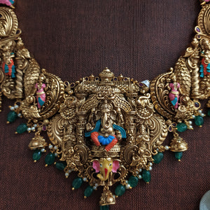 Antique Nakshi Work ‘U’ Type Wide Long Haram Set with Hand-Painted Enamel & Ganesha Motif