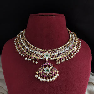 Gold Finish Real Araku Kemp Bridal Close Necklace with Pendant – Traditional Dance & Temple Jewellery