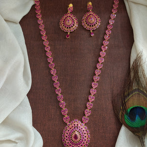 Full Ruby Pendant Style Long Haram Set – All-Ruby Zircon Stone Necklace