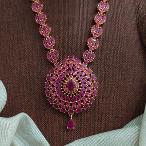 Full Ruby Pendant Style Long Haram Set – All-Ruby Zircon Stone Necklace