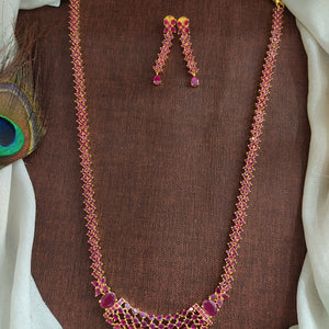 Ruby Stone Long Haram Set with Centre Pendant – Semi-Precious Ruby Statement Necklace