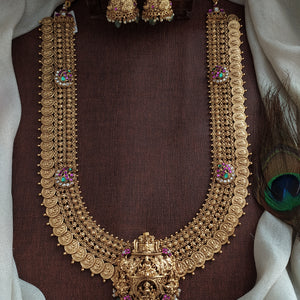 Antique Kaasu Long Haram Set with 3 Detachable Pendants – Lakshmi, Jadau Kundan & Non-Idol Designs