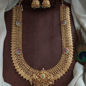 Antique Kaasu Long Haram Set with 3 Detachable Pendants – Lakshmi, Jadau Kundan & Non-Idol Designs