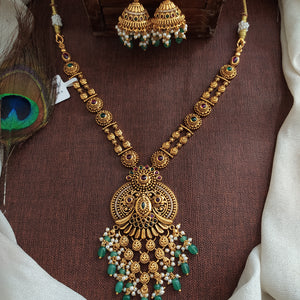 Antique Non-Idol Necklace Set with Long Dangling Pendant – Traditional Saree Jewellery