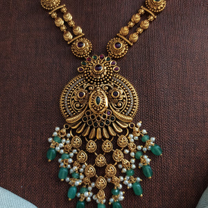 Antique Non-Idol Necklace Set with Long Dangling Pendant – Traditional Saree Jewellery