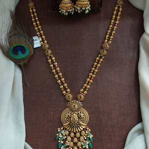 Traditional Non-Idol Antique Long Haram Set with Strawberry Beads & Pearls – South Indian Jhumka Jewellery