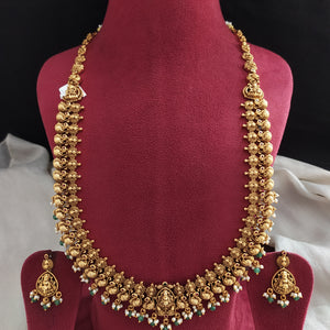 Traditional Lakshmi Nakshi Long Haram Set – Plain Gold Look U-Shaped Necklace with Strawberry Beads & Pearls