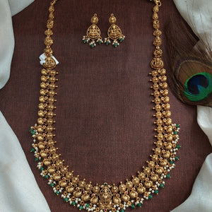 Traditional Lakshmi Nakshi Long Haram Set – Plain Gold Look U-Shaped Necklace with Strawberry Beads & Pearls
