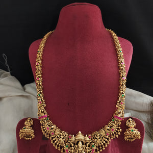 Traditional Antique Lakshmi Long Haram Set – U-Shaped Bridal Nakshi Necklace with Jadau Kundan & Jhumkas