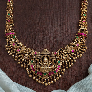 Traditional Antique Lakshmi Long Haram Set – U-Shaped Bridal Nakshi Necklace with Jadau Kundan & Jhumkas