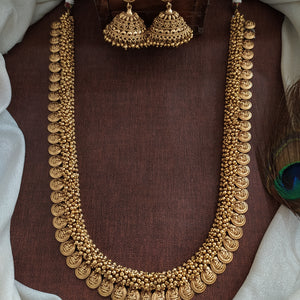 Gold Plated Lakshmi Coin Haram Necklace Set with Jhumka – Traditional South Indian Temple Jewellery