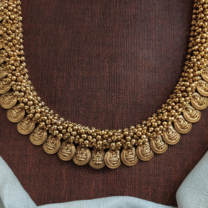 Gold Plated Lakshmi Coin Haram Necklace Set with Jhumka – Traditional South Indian Temple Jewellery