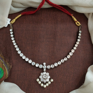 Traditional White Stone Addigai Necklace – Diamond Look Temple Jewellery in Black Oxidised & Gold Polish