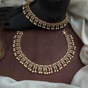 Gold Plated Stone Anklets with Pearl Hangings – White, Kemp & Green Traditional Payal