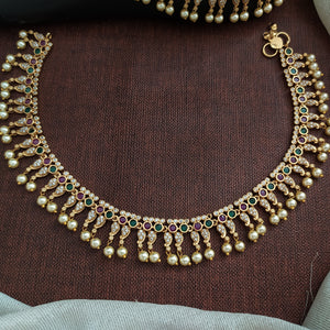 Gold Plated Stone Anklets with Pearl Hangings – White, Kemp & Green Traditional Payal