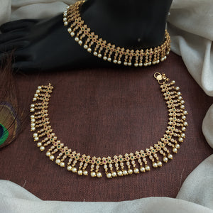 Gold Plated Stone Anklets with Pearl Hangings – White, Kemp & Green Traditional Payal