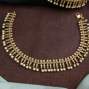 Gold Plated Stone Anklets with Pearl Hangings – White, Kemp & Green Traditional Payal