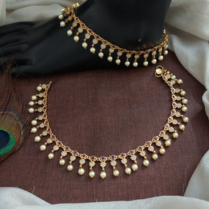 Gold Plated Stone Anklets with Pearl Hangings – White, Kemp & Green Traditional Payal
