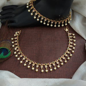 Gold Plated Stone Anklets with Pearl Hangings – White, Kemp & Green Traditional Payal