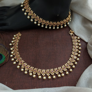 Gold Plated Stone Anklets with Pearl Hangings – White, Kemp & Green Traditional Payal
