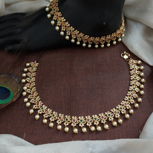 Gold Plated Stone Anklets with Pearl Hangings – White, Kemp & Green Traditional Payal