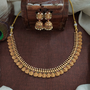 Antique Minimal Kaasu Short Necklace Set with Jhumkis – Traditional Coin Jewellery