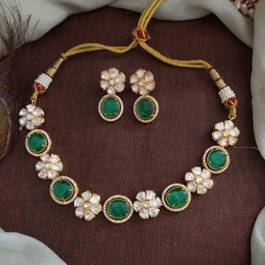 Moissanite Floral Necklace Set – Elegant Choker in Ruby & Mint Green