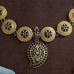 Plain Gold Finish Antique Necklace Set with Blue Stones – Traditional Elegant Jewellery