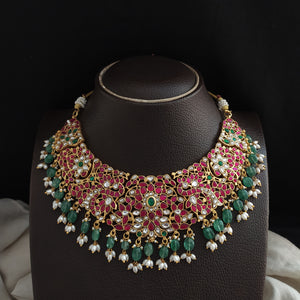 Heavy Jadau Kundan Necklace Set with Strawberry & Rice Pearl Hangings – Designer Bridal Jewellery