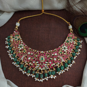 Heavy Jadau Kundan Necklace Set with Strawberry & Rice Pearl Hangings – Designer Bridal Jewellery