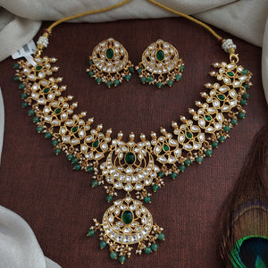 Flexible Jadau Kundan Necklace Set – Gold Plated Bridal Jewellery with Matching Studs
