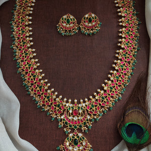 Flexible Jadau Kundan Long Haram Set – Gold Plated Bridal Jewellery with Matching Studs
