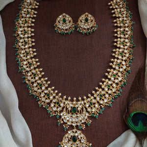 Flexible Jadau Kundan Long Haram Set – Gold Plated Bridal Jewellery with Matching Studs