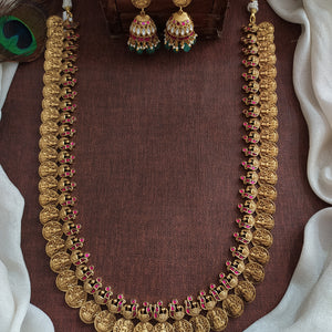 Antique Kaasu Long Haram Set with Jadau Kundan Stones & Jhumkas
