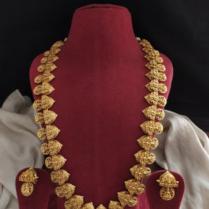 Gold Plated Lakshmi Devi Kaasumala Long Haram Set with Matching Earrings