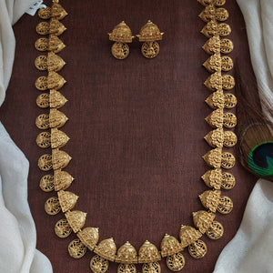 Gold Plated Lakshmi Devi Kaasumala Long Haram Set with Matching Earrings