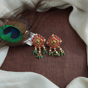 Myra Antique Stone Studs – Red & Green with Pearl Drops
