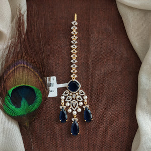 Zircon Stone Maang Tikka – Diamond Finish Bridal Head Jewellery in Emerald, Ruby & Blue
