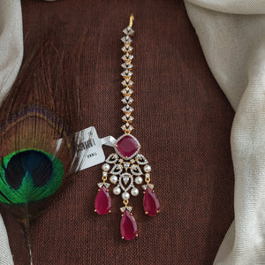 Zircon Stone Maang Tikka – Diamond Finish Bridal Head Jewellery in Emerald, Ruby & Blue
