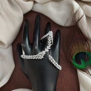 Aarika CZ Palm Bracelet – Ring Finger Hand Harness in Rhodium & Diamond Two-Tone