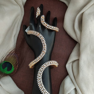 Luxury CZ Leaf Hand Harness Bracelet – Gold Finish Hand Cuff with Finger Ring
