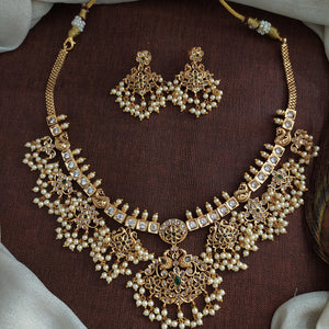 Antique Guttapusalu Necklace Set with White Stones & Peacock Motifs