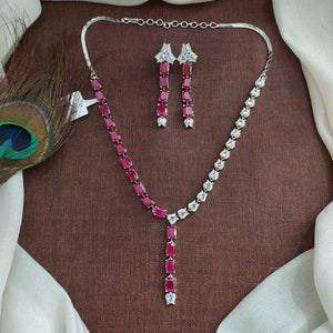 Silver Finish Minimal Zircon V Necklace Set – Colour & White Stone Party Jewellery with Dangling Earrings