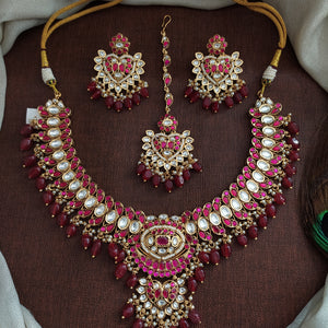 Designer Jadau Kundan Heart Necklace Set with Matching Earrings & Maang Tikka