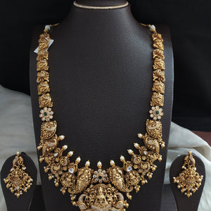 Antique Nakshi Lakshmi Haram Set with Zircons & Polki Stones – Peacock Temple Jewellery