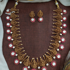 Antique Nakshi Lakshmi Long Haram Set with Kundan & Moissanite – Ruby & Green