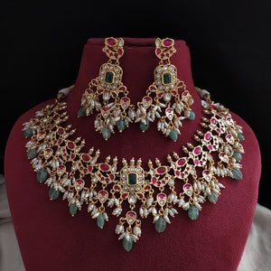 Traditional Jadau Kundan Guttapusalu Necklace Set with Rice Pearls & Strawberry Mint Beads