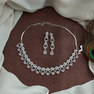 Rodium Finish Zircon Stone Necklace Set with Matching Earrings