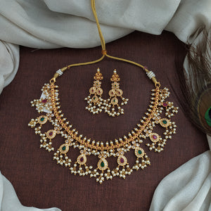 Gold Finish Guttapusalu Necklace Set with Earrings